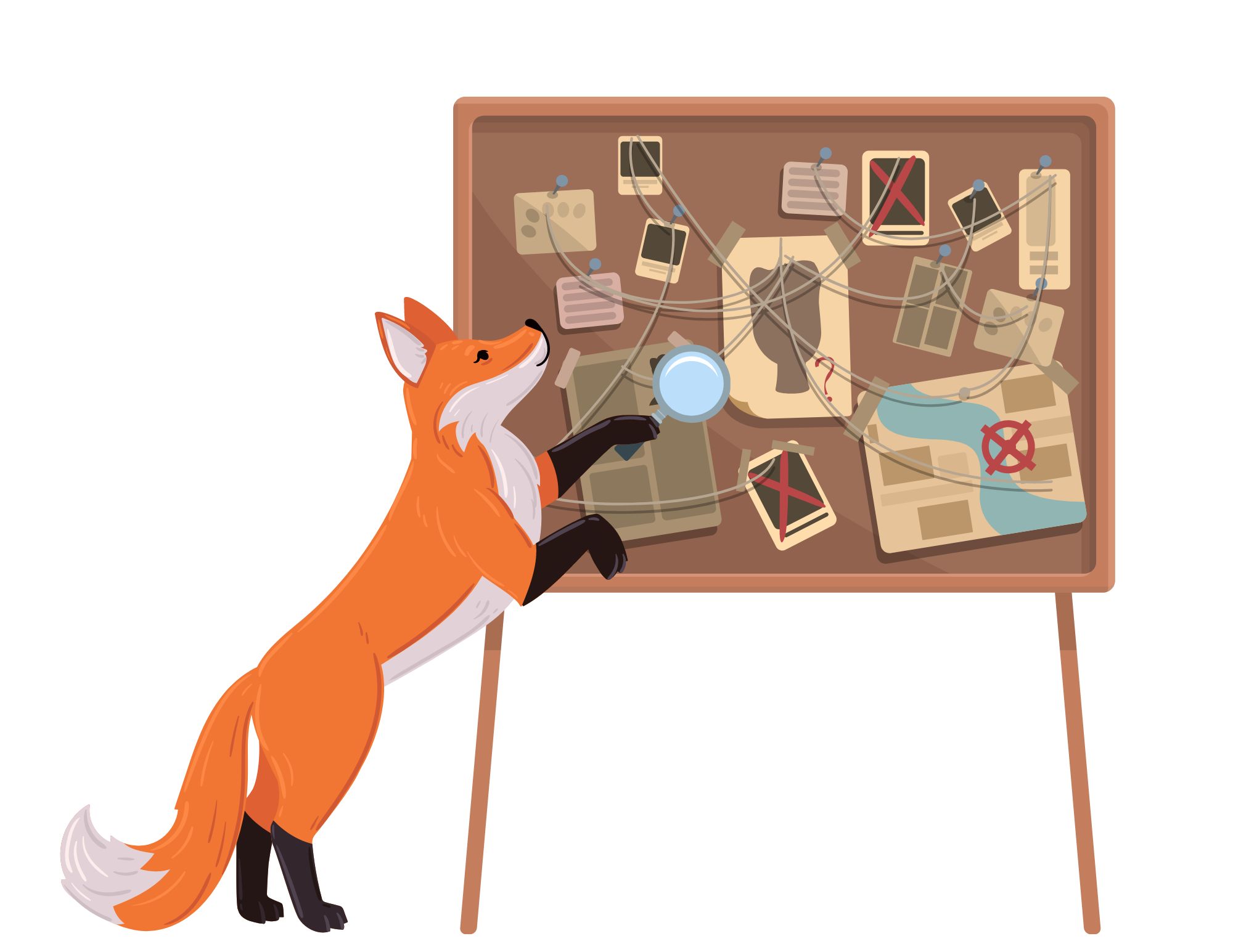 Fox using a magnifying glass to examine a crime board.