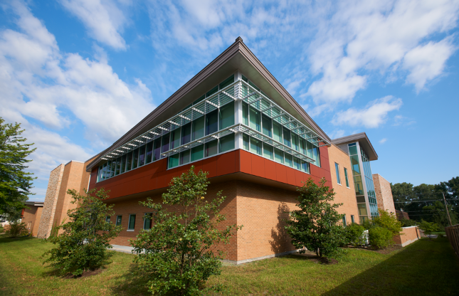 Library building from an angle showing external admin windows
