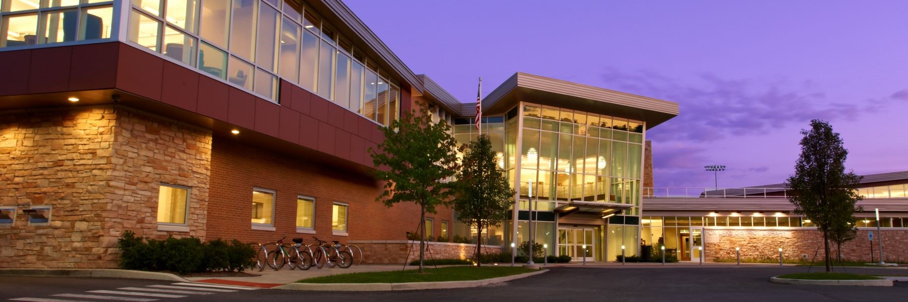 Front entrance of library at evening