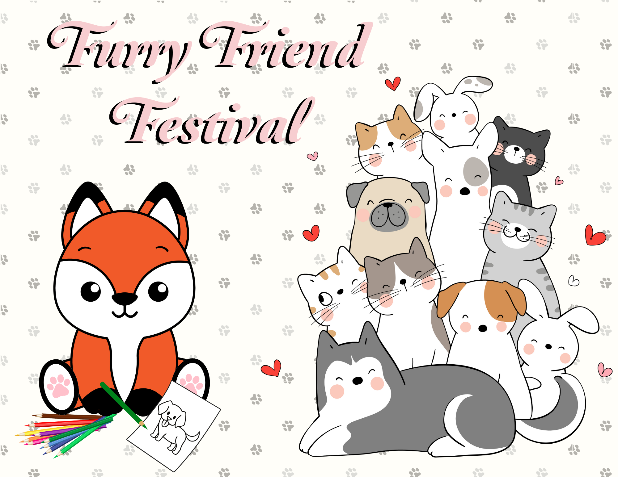 Flyer for "Furry Friend Festival" showing dogs, cats, and Foxy coloring.