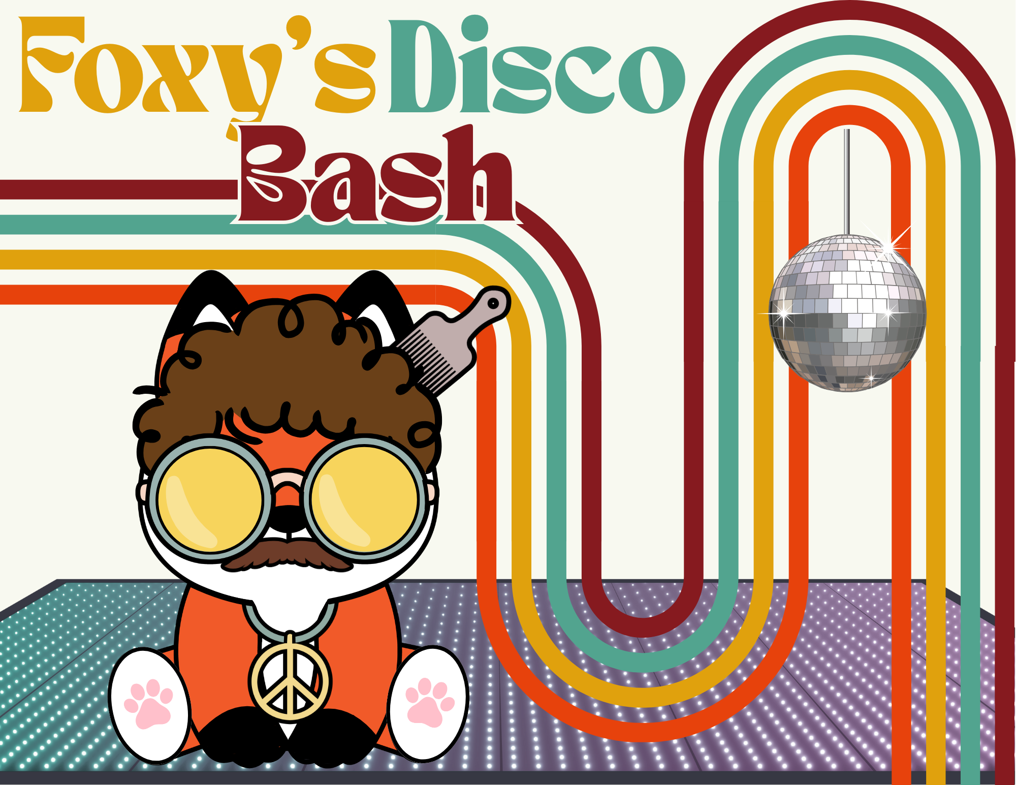 Flyer for "Foxy's Disco Bash" with Disco elements and Foxy in 1970's apparel.