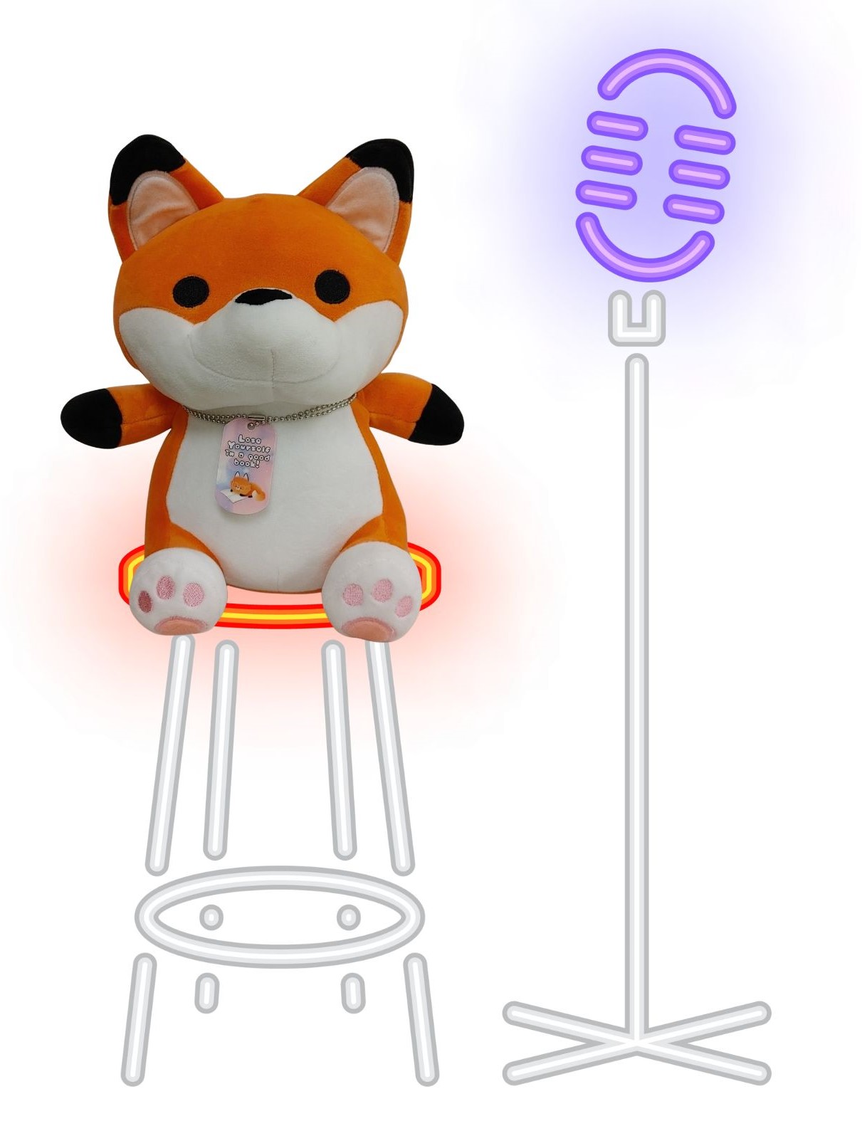 Image of Foxy sitting on a stool in front of a microphone