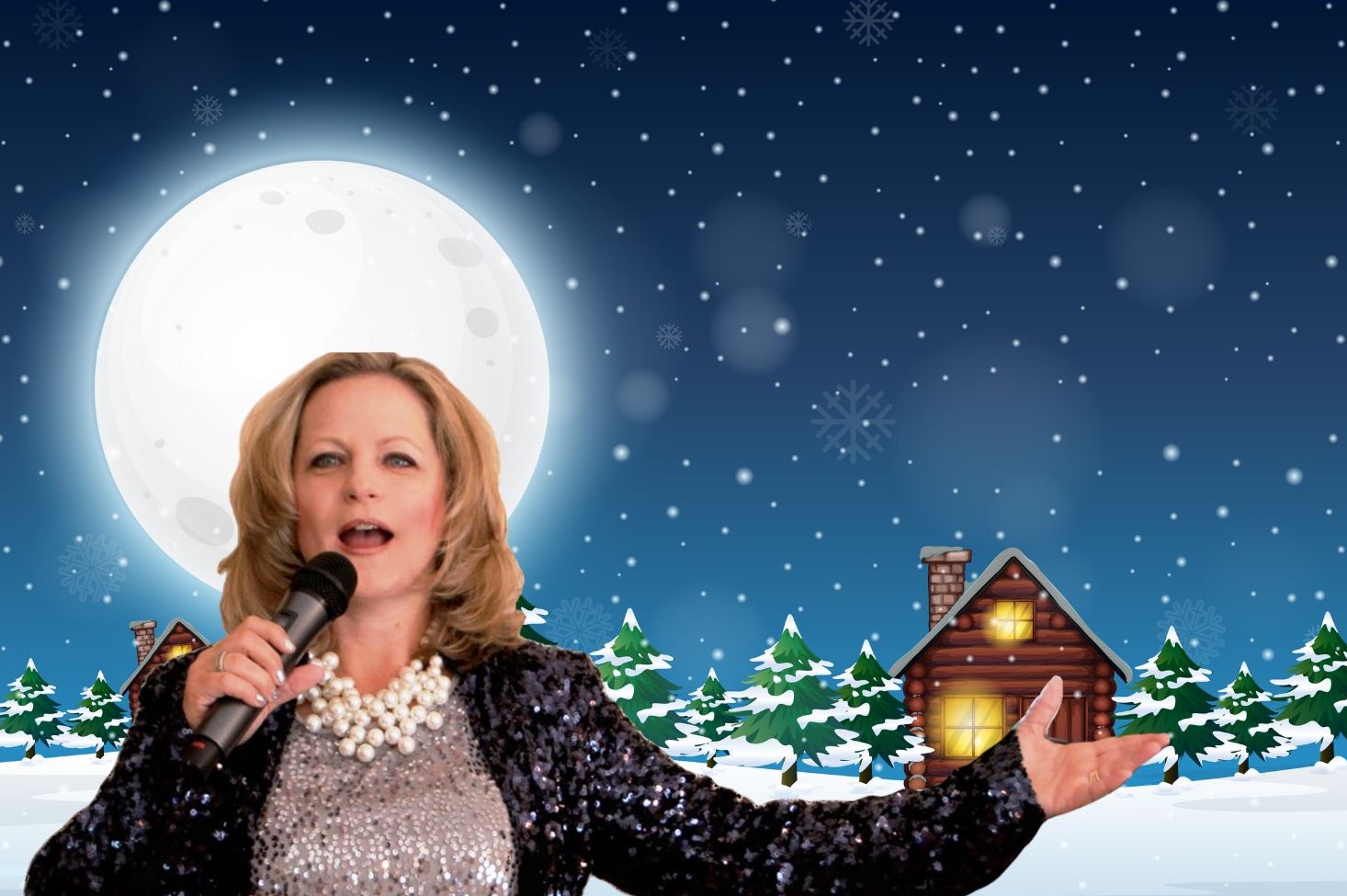 Image of Heather B. singing in front of a winter landscape