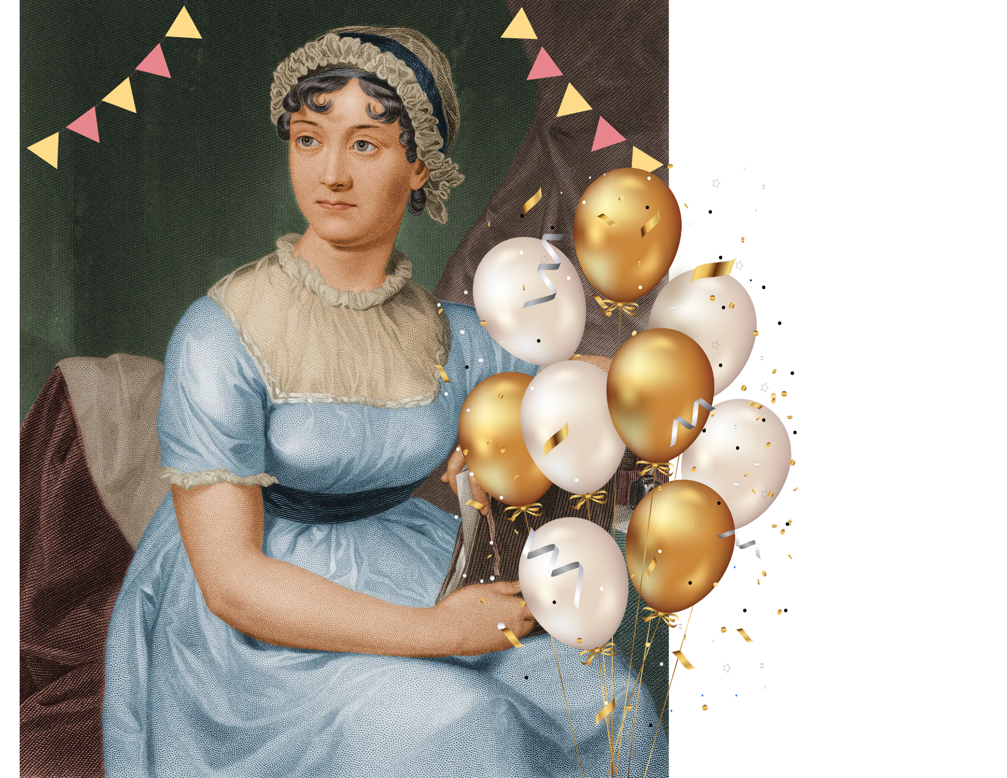 Portrait of Jane Austen with balloons and streamers