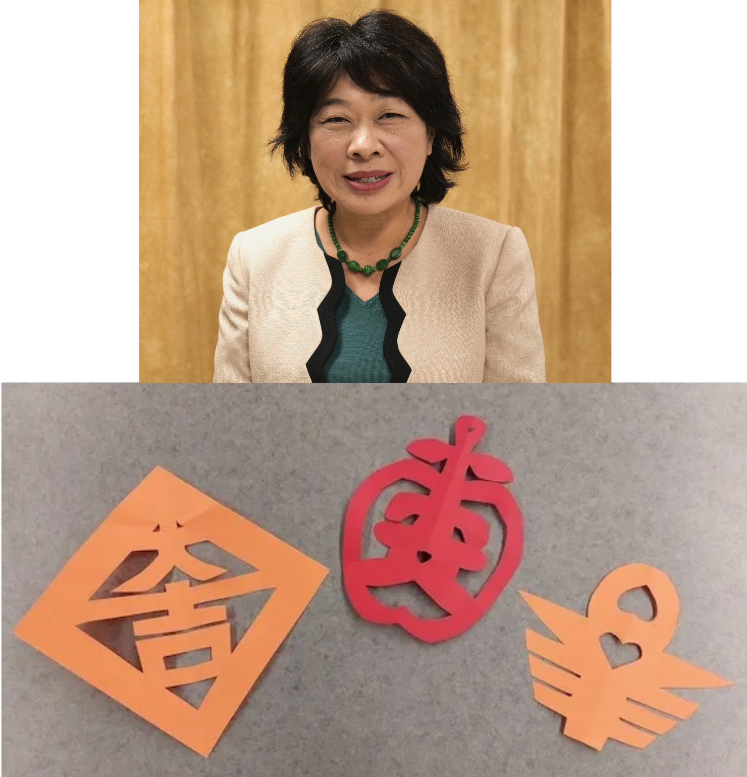 Photo of Yvonne Wolf and examples of Chinese Papercutting