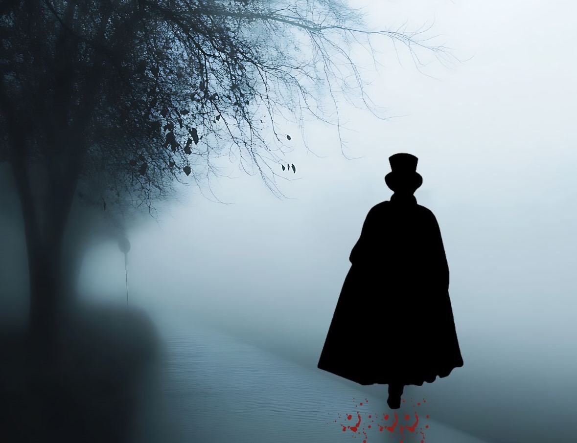 Jack the Ripper silhouette on street with bloodstains at feet