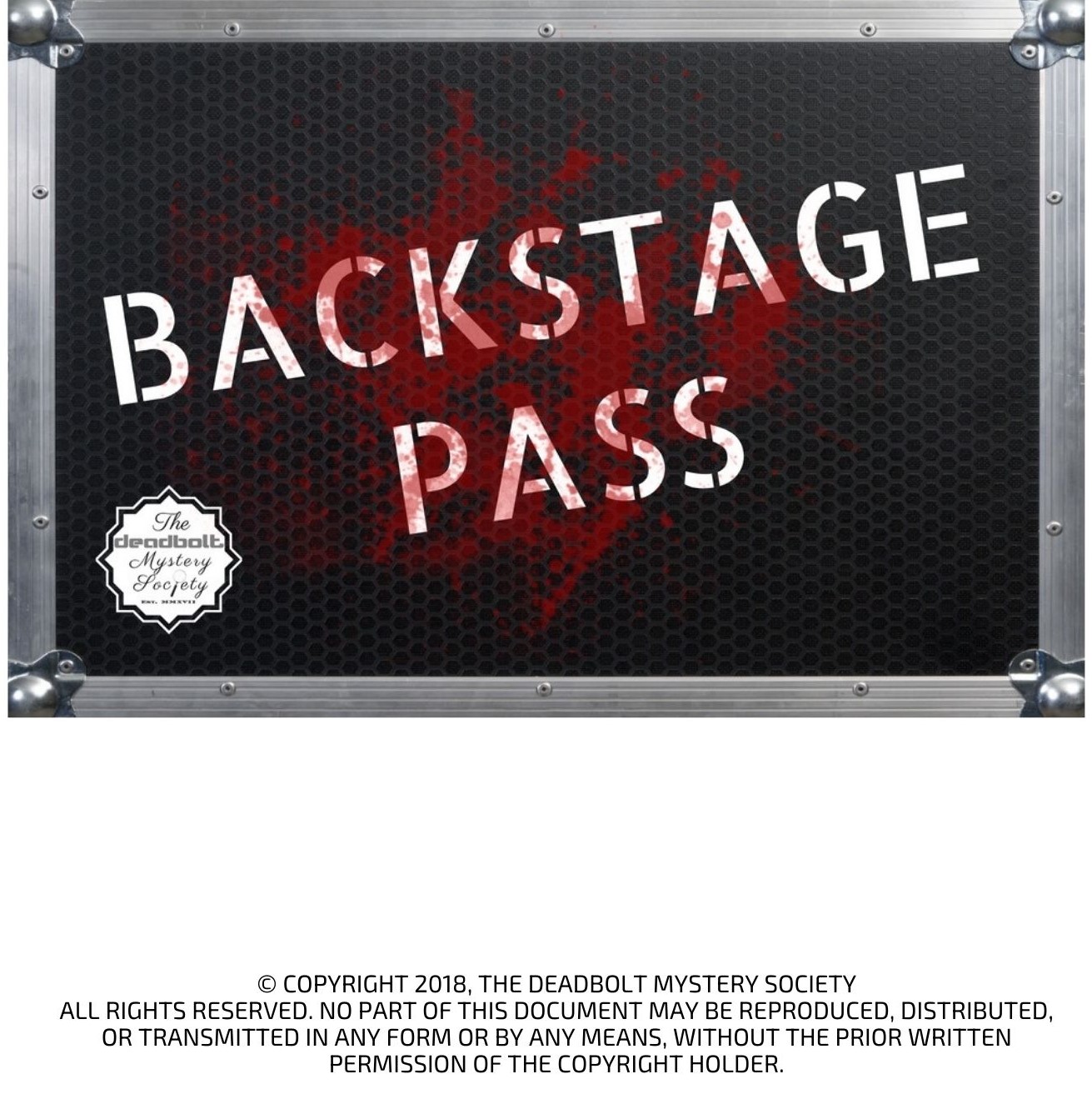 Deadbolt Mystery Society's cover for "Backstage Pass" game along with their copyright. 