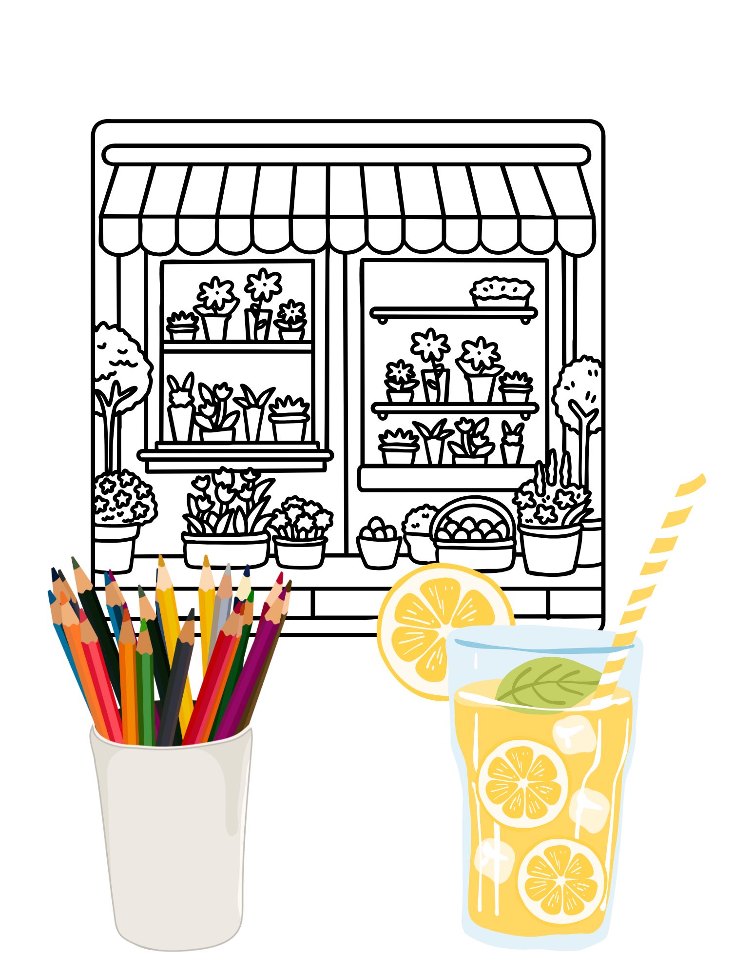 Image of coloring sheet, colored pencils, and glass of lemonade