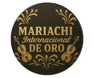 A dark background with gold text reading "Mariachi internacional de oro" surrounded by two violins 