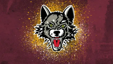 Chicago Wolves Logo: A gray wolf with his mouth open, red background.