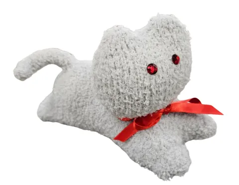 Kitten craft made out of 2 socks forming the body and the head, cotton, red ribbon bow around neck, and buttons for the eyes..