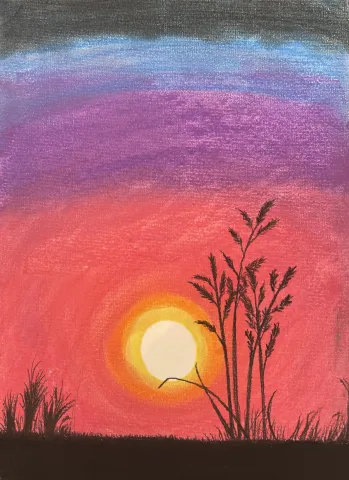 Sunrise art using soft pastels. sun, then the sky is yellow, to orange, to pink, to purple to blue, to dark. Silhouette of trees and leaves.