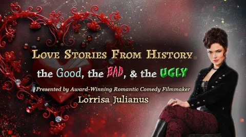 Love Stories From History Presentation title and Presenter Lorrisa Julianus pictured against dark/red clouded background