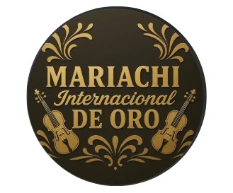 A dark background with gold text reading "Mariachi internacional de oro" surrounded by two violins 